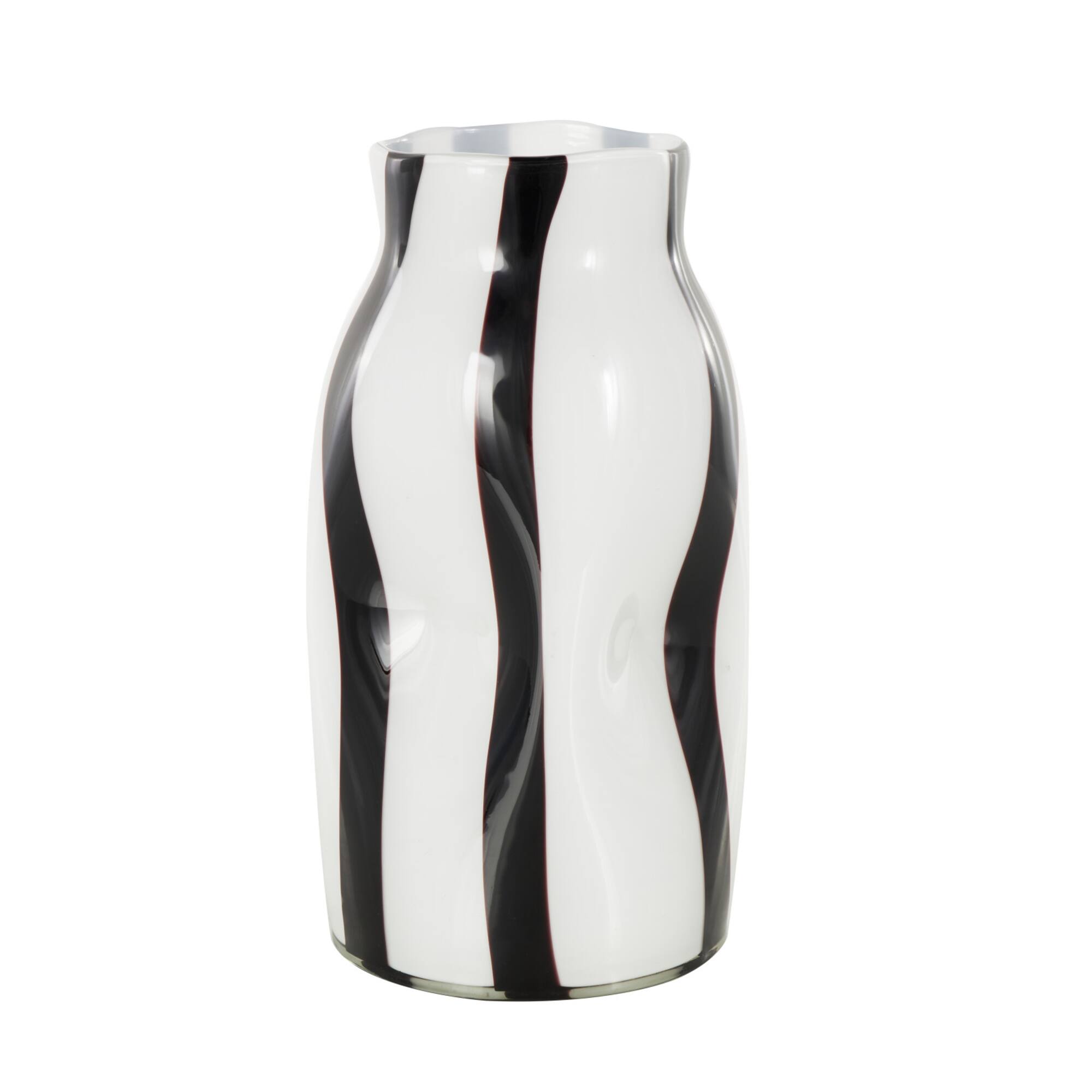 12" White & Black Stripes Round Concaved Glass Vase